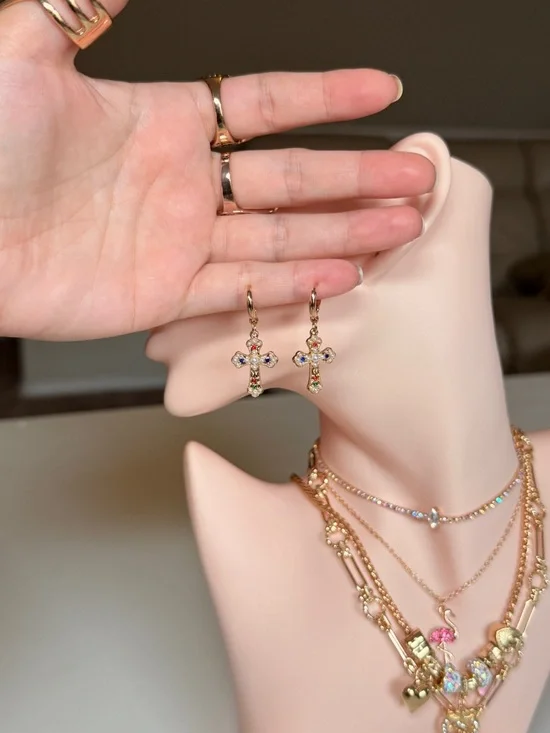 Gold Cross Pendant Huggie Earring with Multicolor Stones - Picture 11 of 12